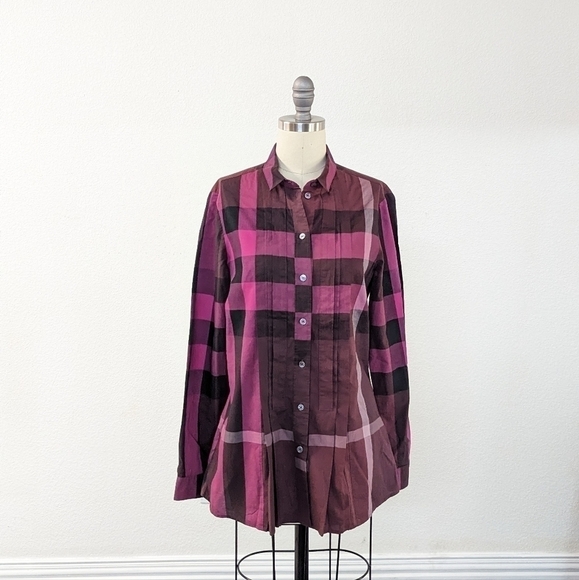 Burberry Brit Nova Check Pleated Button Down Top Pink Maroon S authentic luxury - Picture 1 of 7